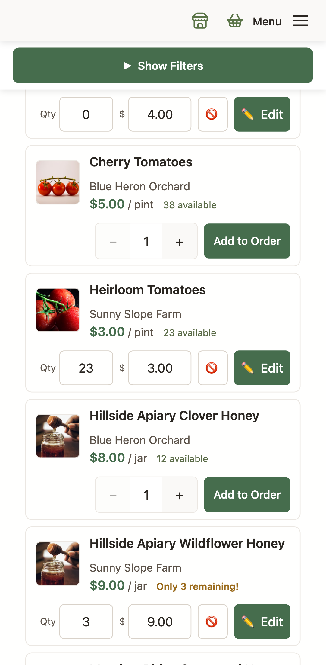 The same list-view Edit Mode on a phone, with the inline fields stacked in each row.