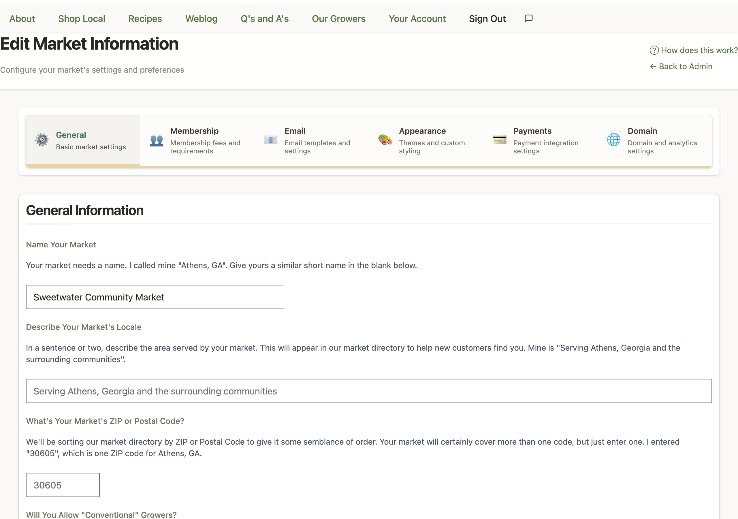 The Edit Market Information page where a new market is configured: tabs for General, Membership, Email, Appearance, Payments, and Domain settings, with the General Information form open.