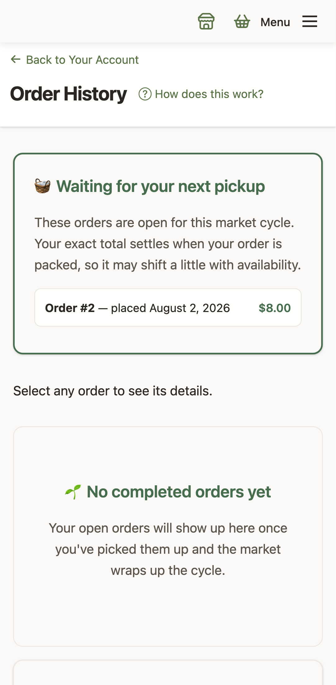 The Order History page on a phone: the 'Waiting for your next pickup' section followed by your completed orders in a single-column list, with a prompt to pick one to see its details.