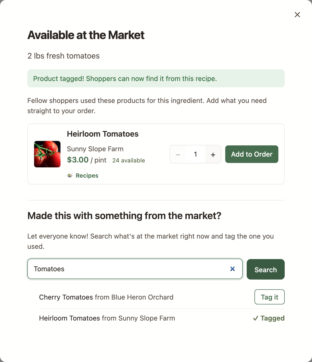 The Available at the Market window for an ingredient: the tagged product with its grower, price, quantity picker, and Add to Order button, plus a search box for tagging the product you used.